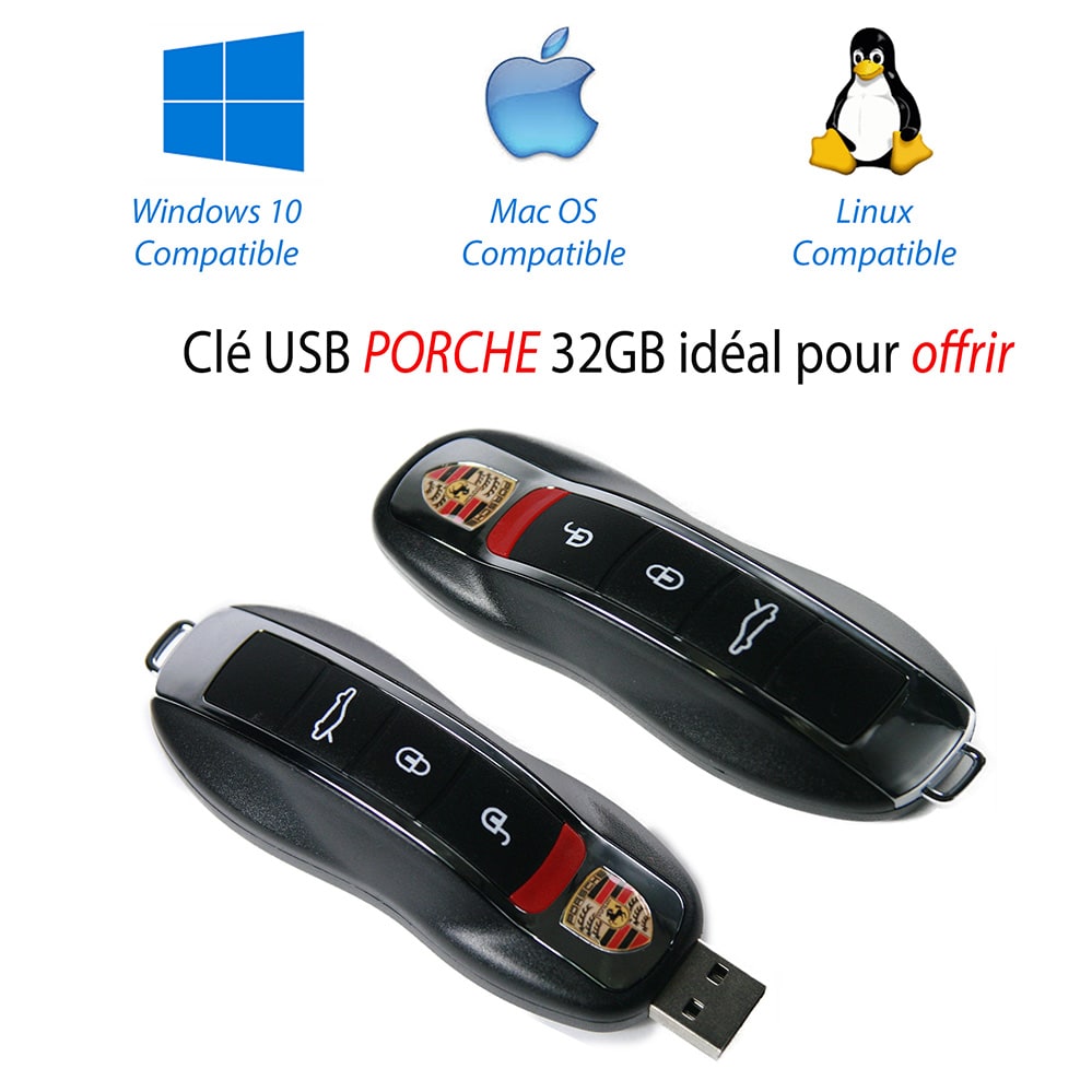 Clé USB logo PORCHE 32 Go branchement USB-A compatible avec PC Windows, MacOS et Linux