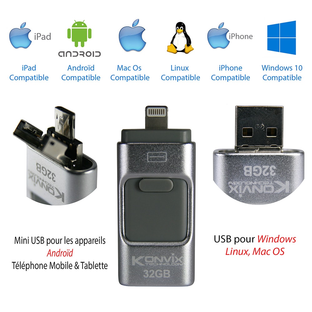 Clé USB 3 en 1 KONVIX 32 Go — USB-A, USB-C & Lightning, finition argent